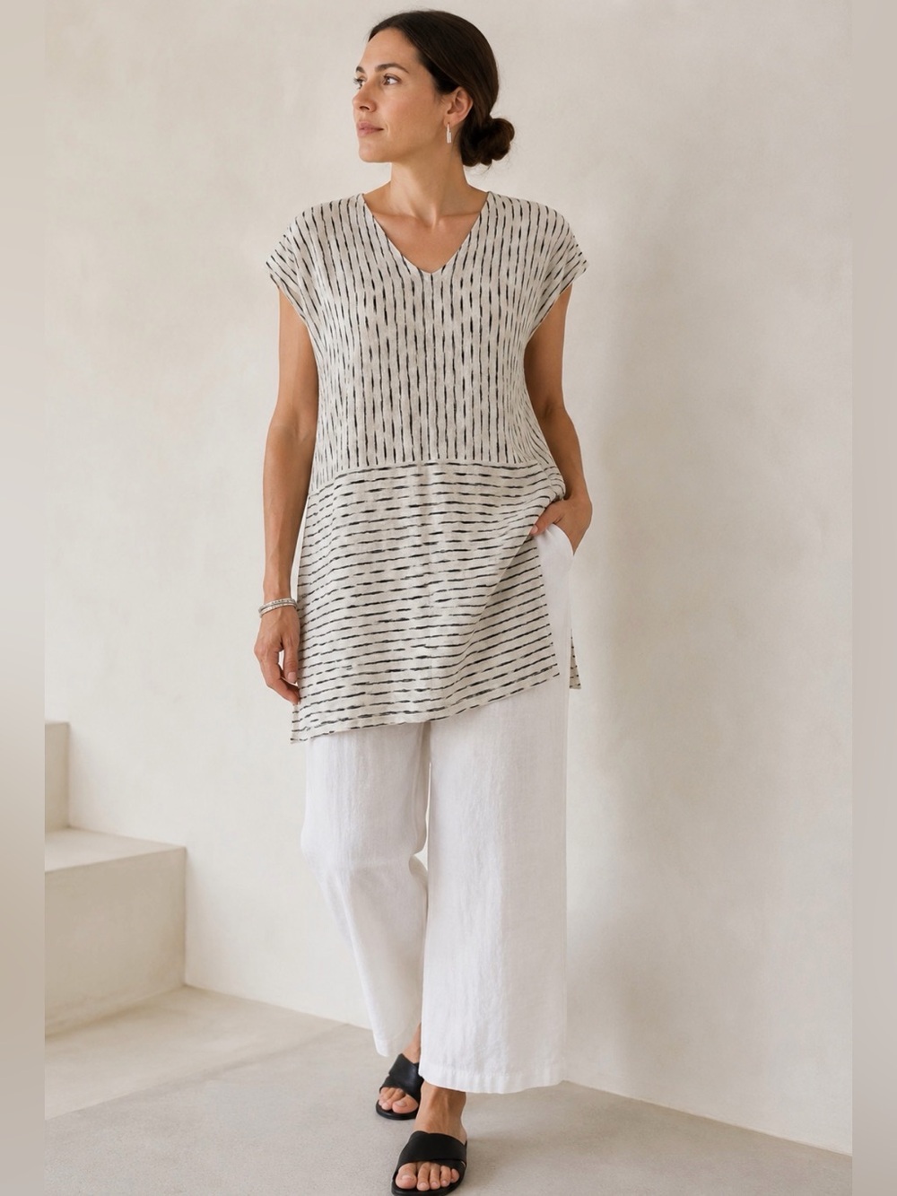 Eileen Fisher Organic Linen Ikat Tunic Top XSP Breathable Oversized Lagenlook